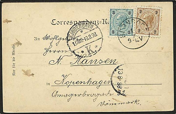2 kr. og 3 kr. Franz Joseph på brevkort stemplet Berndorf 1898 til København, Danmark.