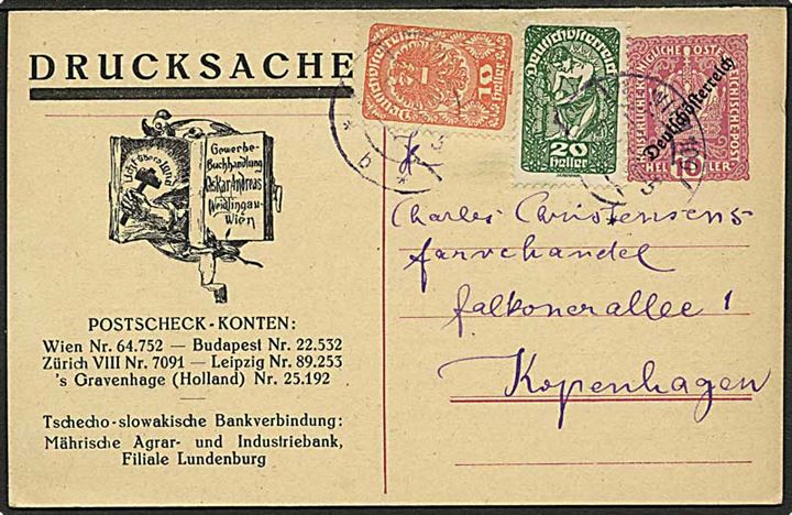 10+10 h. Deutschösterreich provisorisk dobbelt helsagsbrevkort opfrankeret med 30 h. fra Wien ca. 1920 til København, Danmark. Vedhængende ubenyttet svardel.