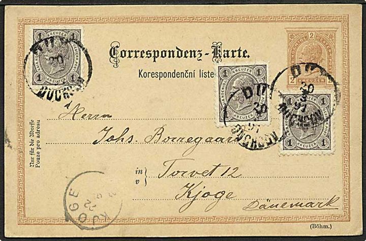 2 kr. helsagsbrevkort opfrankeret med 1 kr. (3) Franz Joseph fra Dux s. 20.3.1891 til Kjøge, Danmark.