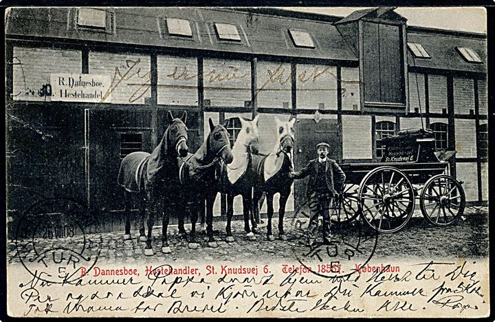 Sankt Knuds Vej 6 med hestehandler R. Danneboe. Reklamekort u/no. Kvalitet 7
