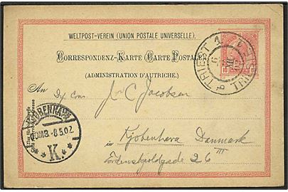 10 h. helsagsbrevkort fra Trieste d. 6.5.1902 til København, Danmark.