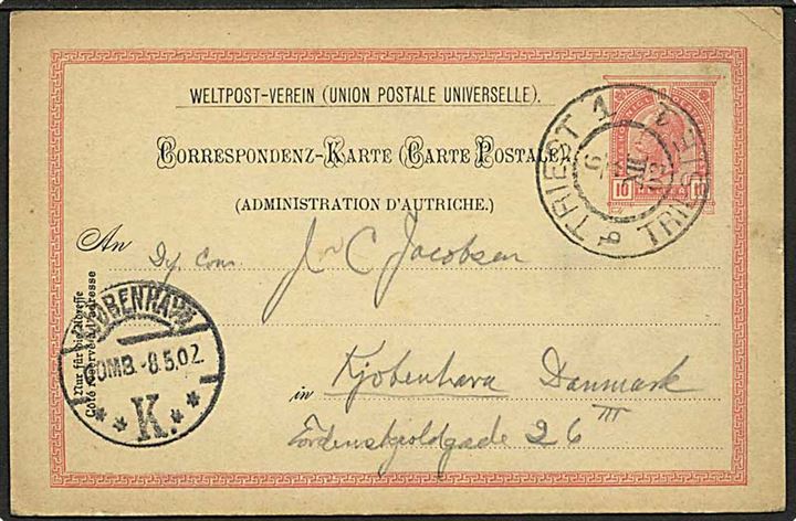 10 h. helsagsbrevkort fra Trieste d. 6.5.1902 til København, Danmark.