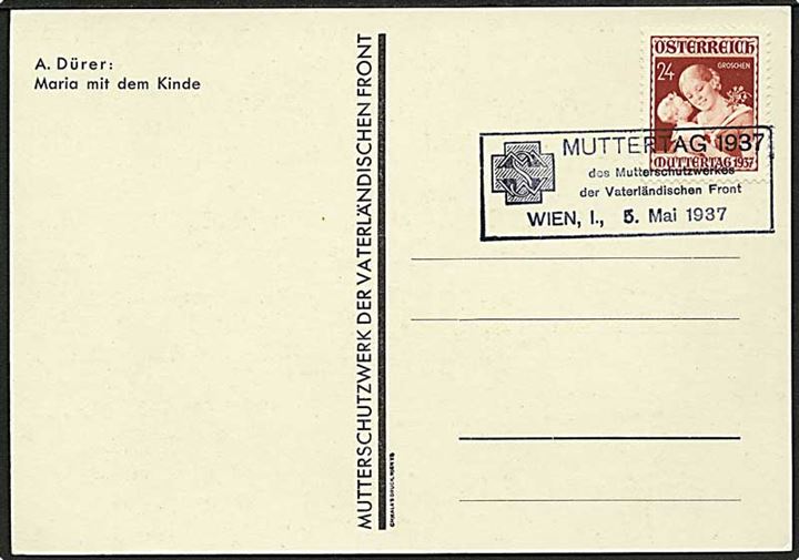 24 gr. Mutterstag på uadresseret maxikort annulleret med særstempel Mutterstag i Wien d. 5.5.1937.