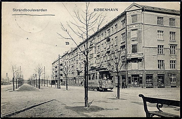 Strandboulevarden hj. Aarhusgade med Marselisborgs Colonialmagasin og sporvogn linie 9 no. 511. Stenders no. 2991. Kvalitet 8