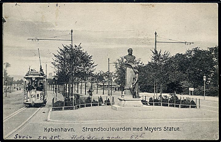 Strandboulevarden med Mayers statue og sporvogn linie 9 vogn 154. Stenders no. 4430. Kvalitet 7