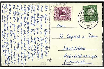Tysk 10 pfg. på underfrankeret brevkort fra Bodenwerder d. 23.8.1959 til Saalfelden, Østrig. Påsat 1,20 s. Portomærke.