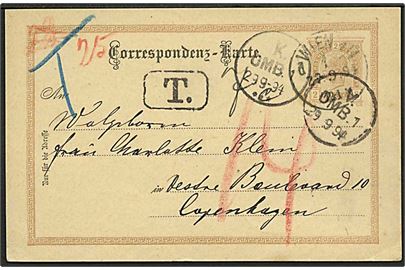 2 kr. helsagsbrevkort fra Wien d. 27.9.1894 til København, Danmark. Underfrankeret med T-stempel og udtakseret i 14 øre dansk porto.