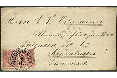5 kr. Våben (2) på brev fra Wieden in Wien d. 22.3.1888 til København, Danmark. 1 mærke defekt.
