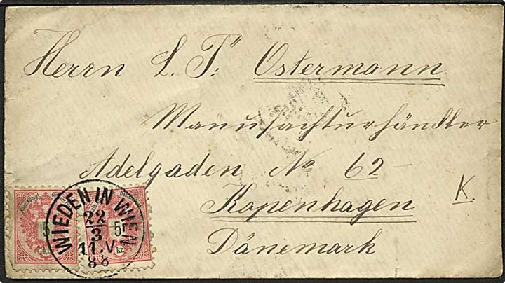 5 kr. Våben (2) på brev fra Wieden in Wien d. 22.3.1888 til København, Danmark. 1 mærke defekt.