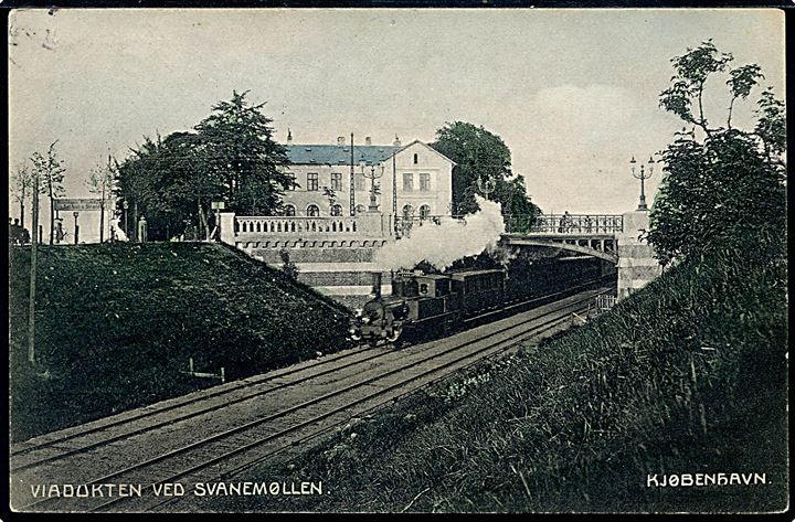 Købh., Viadukten ved Svanemøllen med damptog. Fotograf Orla Bock. J. P. Chrøis u/no. Kvalitet 8