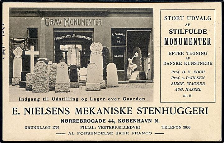 Nørrebrogade 44, E. Nielsen’s Mekaniske Stenhuggeri. Reklamekort u/no. Kvalitet 8