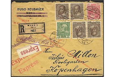 5 h., 10 h. og 20 h. (4) Regentjubilæum på anbefalet ekspresbrev fra Wien d. 9.7.1916 til København, Danmark. Violet censurstempel.