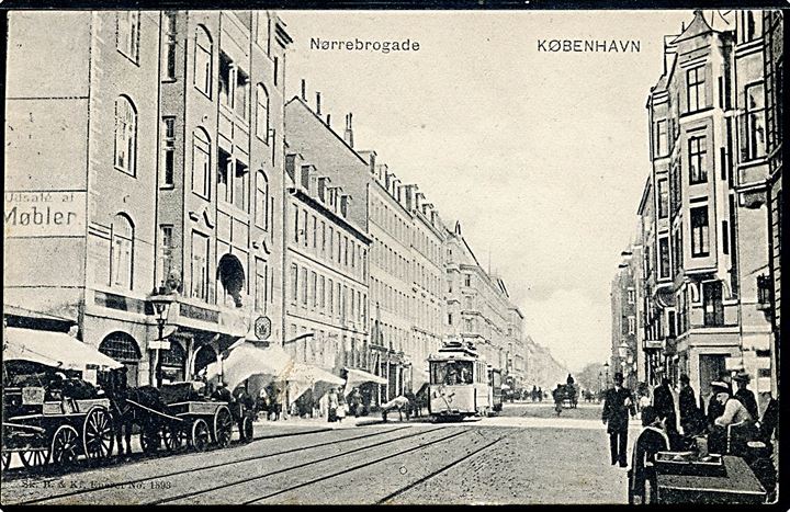 Nørrebrogade med sporvogn no. 3(?). Sk. B. & Kf. no. 1393. Kvalitet 8