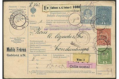 2,85 kr. blandingsfrankeret internationalt adressekort for pakke fra Galbonz d. 23.11.1917 til Constantinopel, Tyrkiet.