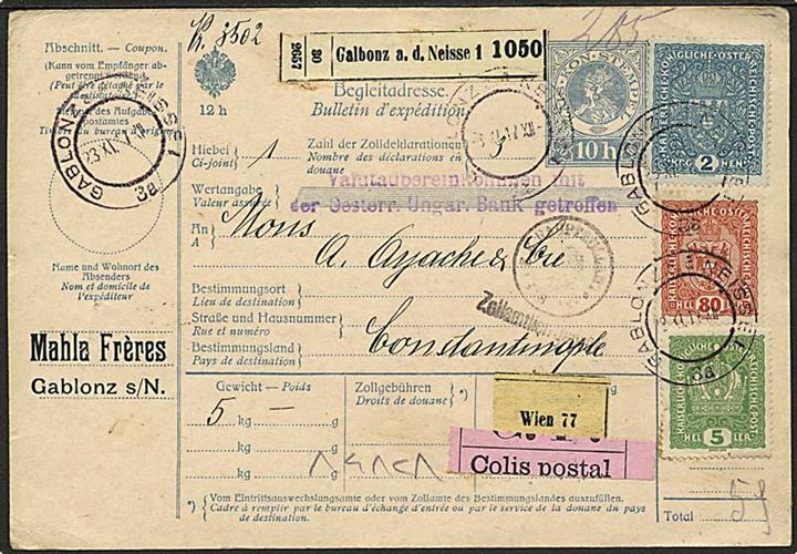 2,85 kr. blandingsfrankeret internationalt adressekort for pakke fra Galbonz d. 23.11.1917 til Constantinopel, Tyrkiet.