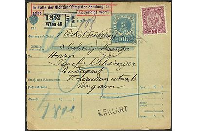 90 h. på adressekort for værdipakke fra Wien d. 27.4.1917 til Budapest, Ungarn.