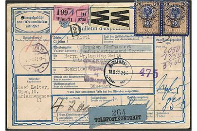 3400 kr. kontant frankeret internationalt adressekort med 20 h. Stempelmærke (2) for værdipakke fra Wien d. 15.8.1922 via Halle, Kiel og Kjøbenhavn til Roskilde, Danmark.