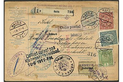 1,35 kr. frankeret internationalt adressekort for pakke fra Haida d. 1.6.1917 via Berlin til København, Danmark. Flere censur-stempler.