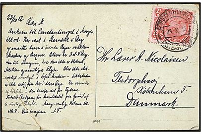 Østrigsk post i Levant. 20 para på brevkort fra Constantinopel d. 24.10.1912 til København, Danmark. Kort med hjørneknæk.