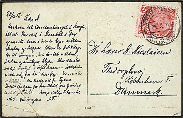 Østrigsk post i Levant. 20 para på brevkort fra Constantinopel d. 24.10.1912 til København, Danmark. Kort med hjørneknæk.