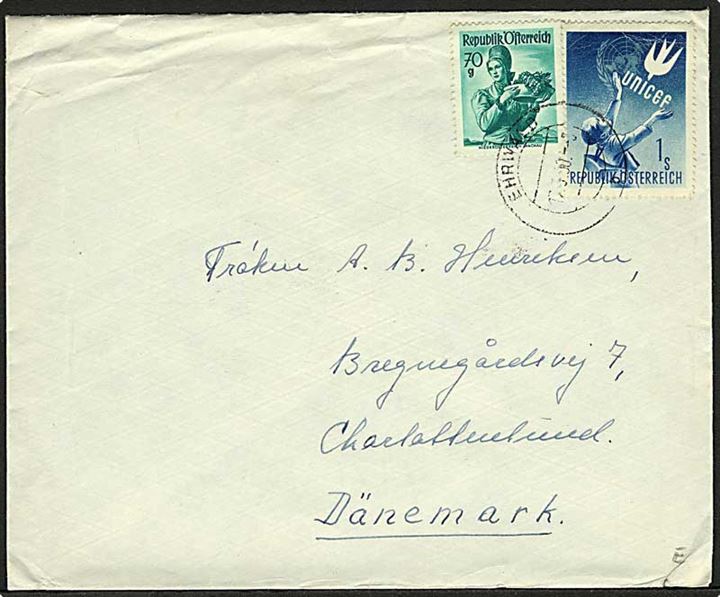 Østrigsk 1,70 s. frankeret brev stemplet Ehrwald d. 17.3.1950 til Charlottenlund. Fra soldat ved BAOR leave Centre No. 8 Edelweis i Ehrwald, Østrig.