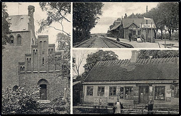 Herlev, partier med jernbanestation, kirke og Købmand P. N. Clausens kolonialhandel. H. Schmidt u/no. Kvalitet 8