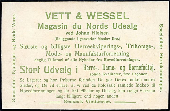 Maaløv, Vett & Wessel Magasin du Nords Udsalg ved Johan Nielsen overfor Maaløv kro. Reklamekort u/no. Kvalitet 8