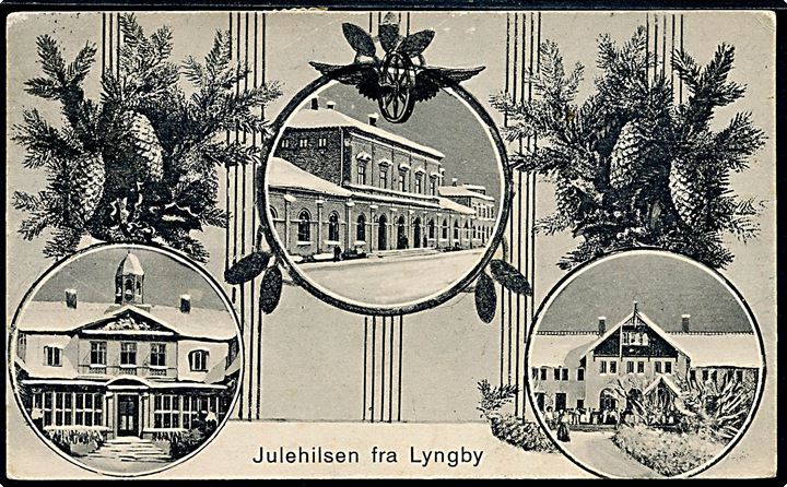 Lyngby, “Julehilsen fra” med bl.a. Jernbanestation i sne. G. G. Petersen u/no. Kvalitet 7