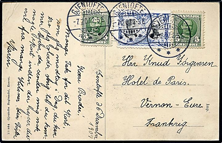 Gentofte postkontor. Gjentofte Boghandel no. 111464. Frankeret med Fr. VIII og Julemærke 1907 til Frankrig. Kvalitet 7