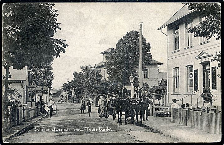 Taarbæk, Strandvejen ved Taarbæk Apothek med hestevogn. Stenders no. 17623. Kvalitet 7