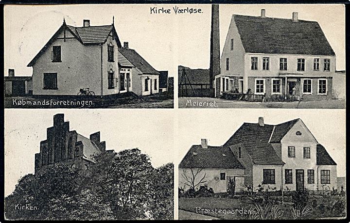 Kirke-Værløse, købmand, mejeri, kirke og præstegård. H. Schmidt no. 27359. Kvalitet 8
