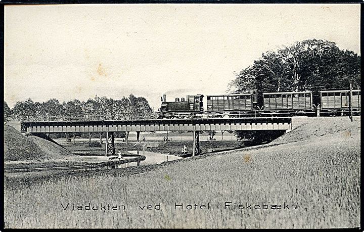 Farum, damptog på viadukten ved Hotel Fiskebæk. Stenders no. 5852. Kvalitet 7