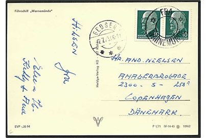 DDR 10 pfg. i parstykke på brevkort (Færgen Warnemünde) annulleret med skibsstempel Fra*Warnemünde* og sidestemplet Gedser d. 7.7.1973 til København.