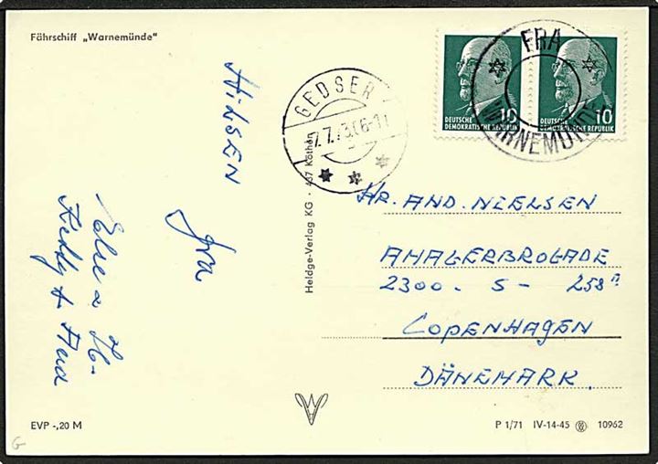 DDR 10 pfg. i parstykke på brevkort (Færgen Warnemünde) annulleret med skibsstempel Fra*Warnemünde* og sidestemplet Gedser d. 7.7.1973 til København.