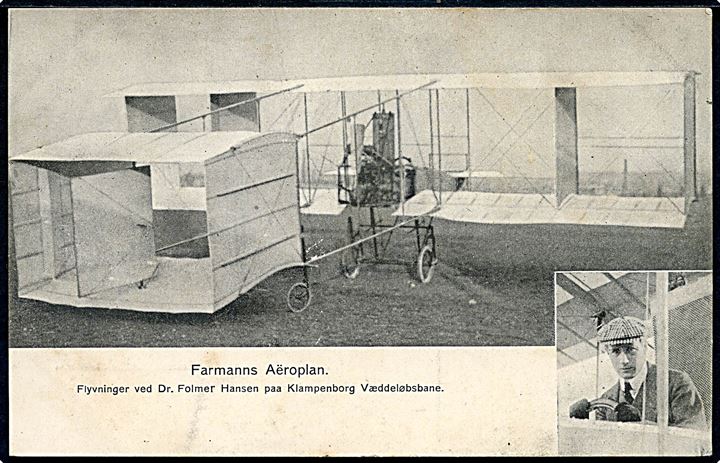 Folmer Hansen med Henri Farman biplan ved flyvningen på Klampenborg Væddeløbsbane 1909. Stenders u/no. Kvalitet 7