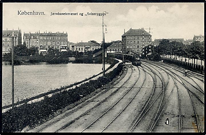 Købh., jernbaneterræn og “Svineryggen” med damptog. Fritz Benzen no. 84.  Kvalitet 7