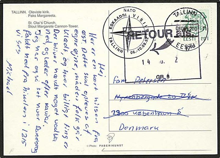 Estisk postkort fra Tallinn d. 8.8.1992 til København, Danmark. Sidestemplet vedr. NATO flådebesøg i Tallinn d. 6.-10.8.1992.