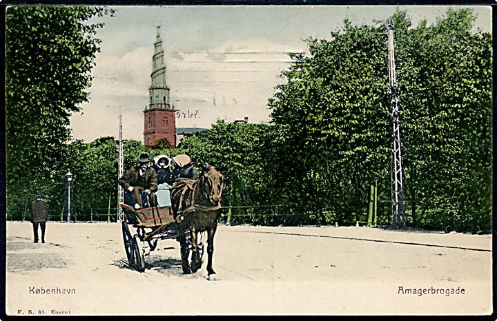 Amagerbrogade med hestevogn og Vor Frelsers kirke i baggrunden. Fritz Benzen no. 85. Kvalitet 8