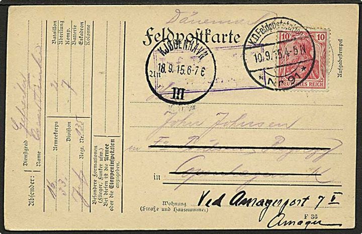 10 pfg. Germania på frankeret feltpostkort stemplet K.D.Feldpoststation Nr. 91 d. 10.9.1915 til København, Danmark. 
