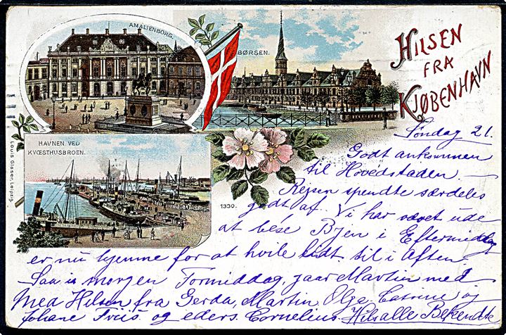 Amalienborg, Børsen og Kvæsthusbroen. “Hilsen fra Kjøbenhavn”. L. Glaser no. 1330. Kvalitet 7