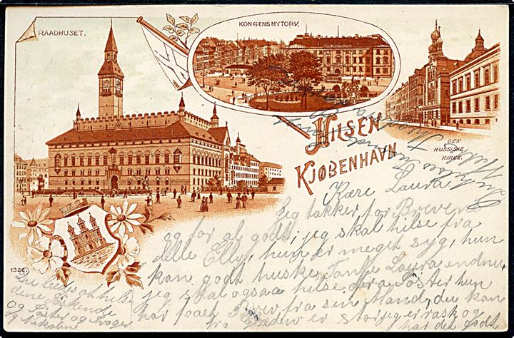 Københavns Raadhus, Kongens Nytorv og Den russiske Kirke. “Hilsen fra Kjøbenhavn”. No. 1326. Kvalitet 8