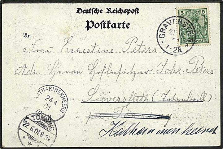 5 pfg. Germania på brevkort (Partier fra Gravenstein) stemplet Gravenstein d. 21.6.1901 til Tönning - eftersendt til Katharinenheerd. 