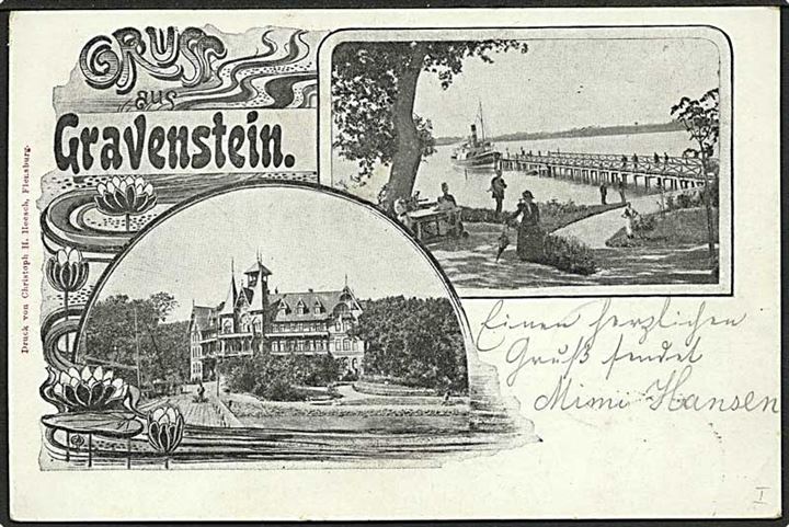 5 pfg. Germania på brevkort (Partier fra Gravenstein) stemplet Gravenstein d. 21.6.1901 til Tönning - eftersendt til Katharinenheerd. 