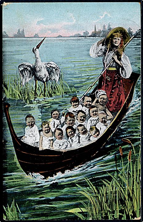 Børn. Spædbørn i båd med kvinde og stork. Th. E. L. Theochrom-Serie 1049.  Kvalitet 7