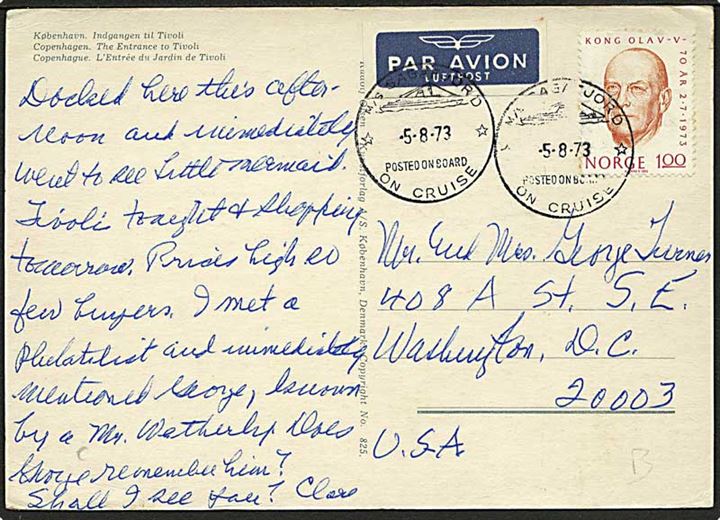 1 kr. på brevkort fra København annulleret med skibsstempel M/S Sagafjord d. 5.8.1973 til Washington, USA.