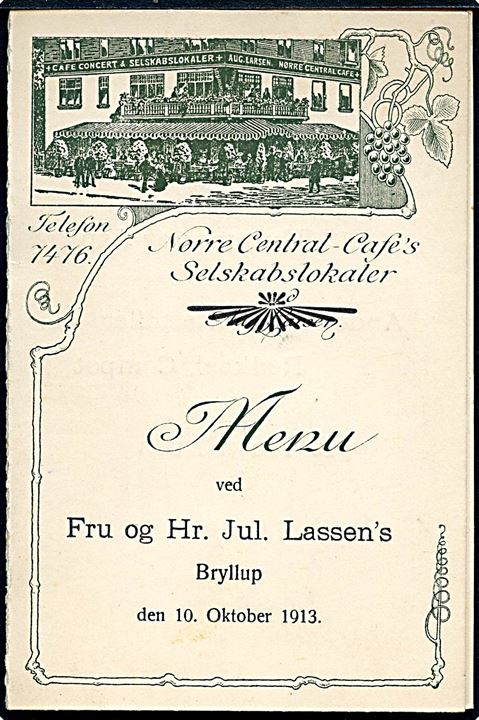 Nørrebros Runddel. Nørre Central Café. Illustreret menu kort fra bryllup d. 10.10.1913.V. Møller u/no. Kvalitet 8