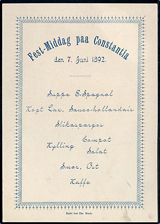 Charlottenlund “Constantia” menukort fra festmiddag d. 7.6.1892. Chr. Birch u/no. Kvalitet 8