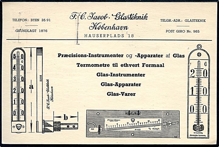 Erhverv. F. C. Jacobs Glasteknik med reklame for bl.a. termometre. U/no. Nålehul. Kvalitet 6