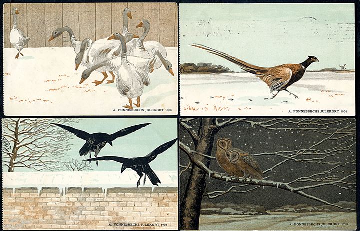 A. Fonnesbechs julekort 1908 med fugle. 4 forskellige. Hertz Bogtrykkeri u/no. Kvalitet 8