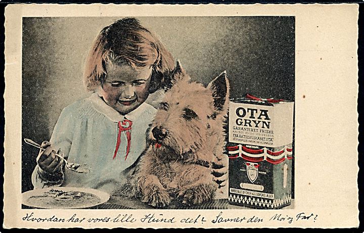 Reklame. “OTA Gryn”, reklamekort med pige og hund. Stenders serie 1004. Kvalitet 8
